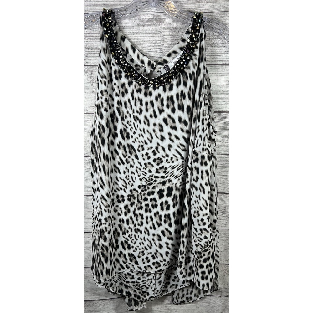 Jennifer Lopez Womens Sz L Sleeveless Blouse Leopard Print Rhinestone Collar